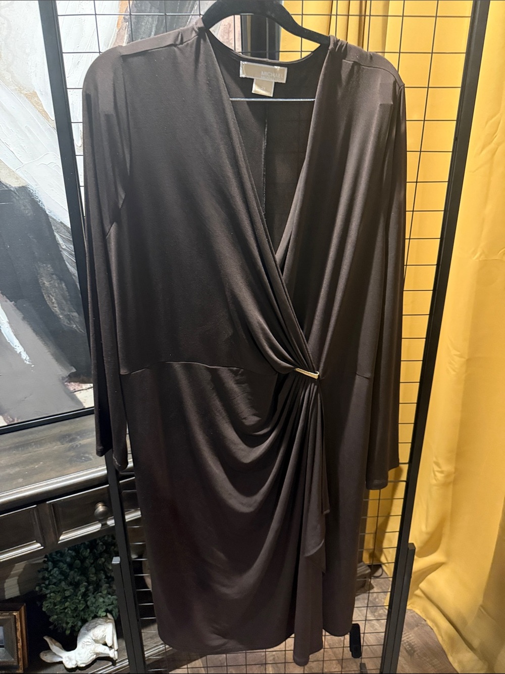 Michael Kors Brown Long-Sleeve Draped Wrap Dress